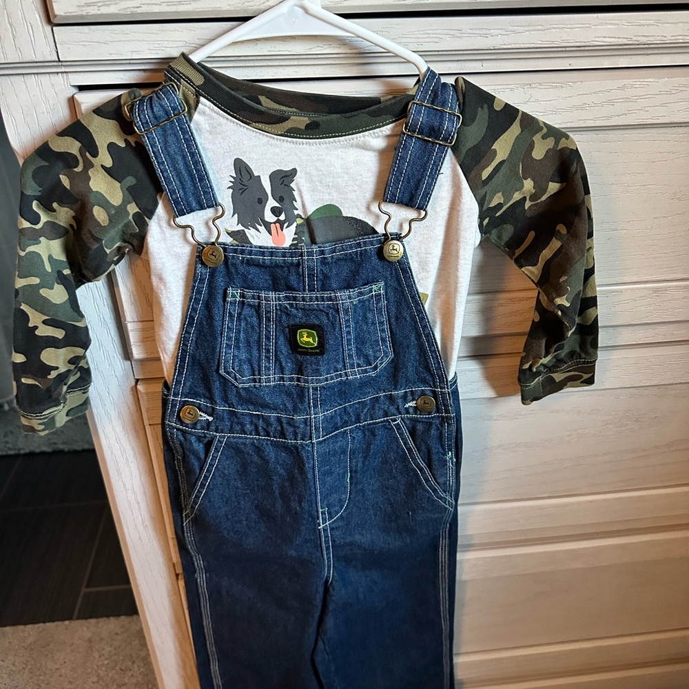 John Deere Kids Denim Overalls with Camouflage Sleeves